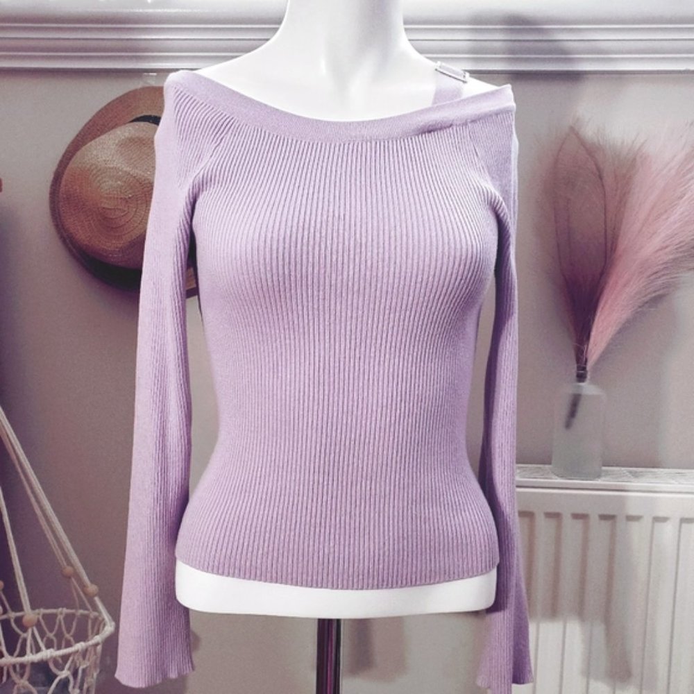 New/Rare Fashion Nova Semi Off the Shoulder Knit Ribbed Long Sleeved Top